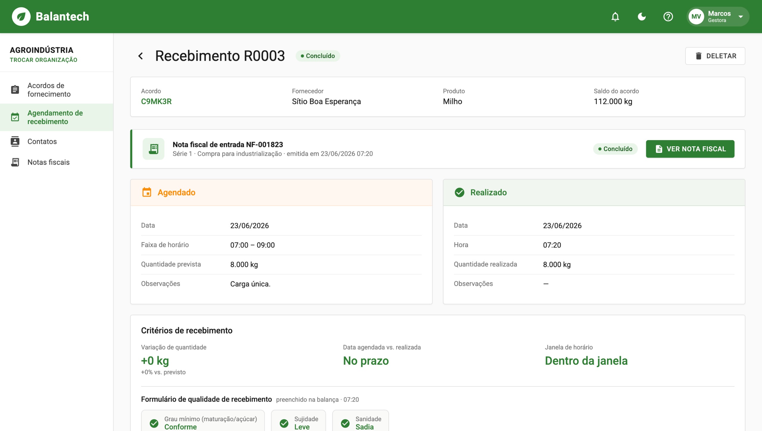 Recebimento detalhado